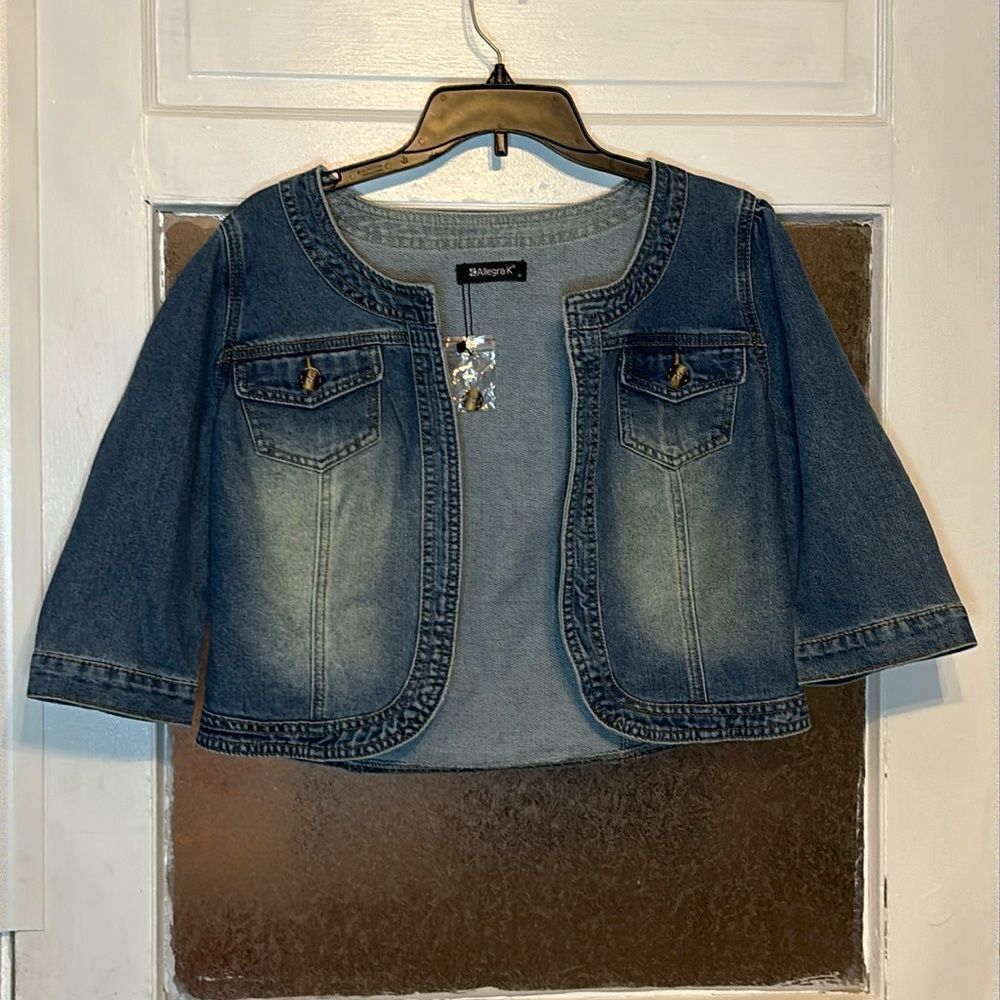 Allegra K Dark Blue Cropped Jean Jacket
